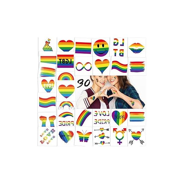 Konsait 30 Sheets Rainbow Temporary Tattoos, Flag Heart Tattoos Waterproof Body Art Sticker for Girls Boys Party Favors Pride Equality Parades Celebrations