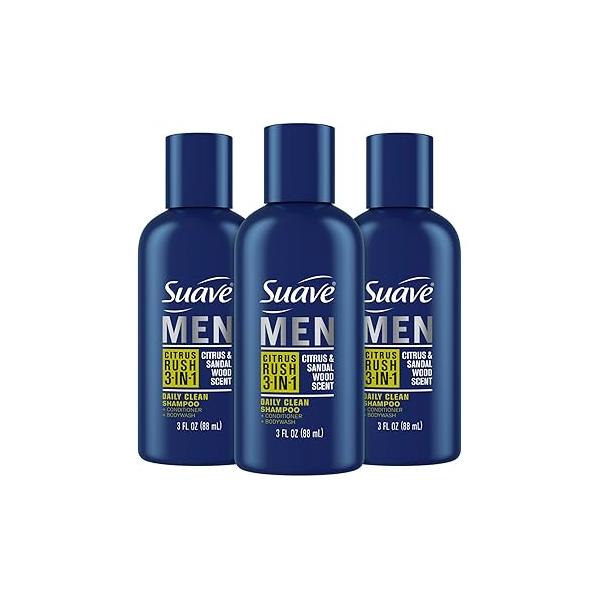 Suave Men Body Wash 3-in-1 Citrus Rush - Travel-Size Shampoo, Conditioner & Soap All-in-One Formula with Keratin for Healthy Hair Skin, 3 Oz Ea (Pack of 3)