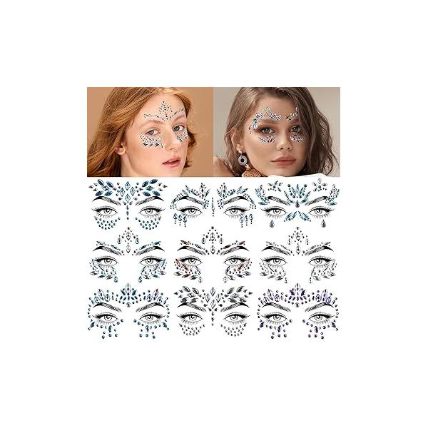 EMOME Face Gems Stickers, 12 Sets Glitter Jewels Rhinestones Stickers for Women Mermaid Fairy Makeup Acessories, Tattoos Rave Festival Accesories