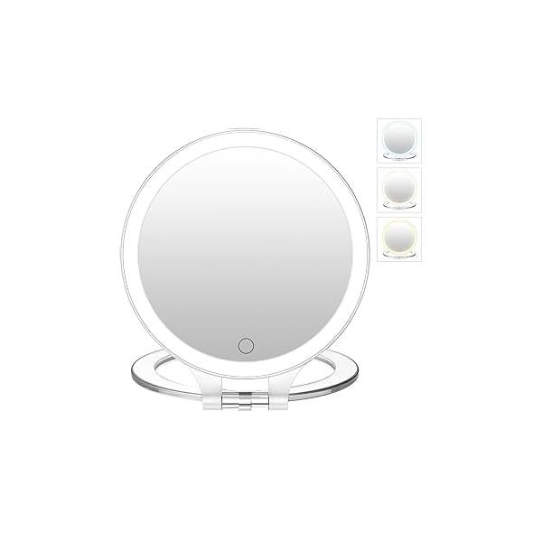 FASCINATE Magnifying Mirror 10X 1X Double Sided Magnification Makeup Vanity Rechargeable Lighted with 3 Color Setting Adjustable Rotation LED Desk