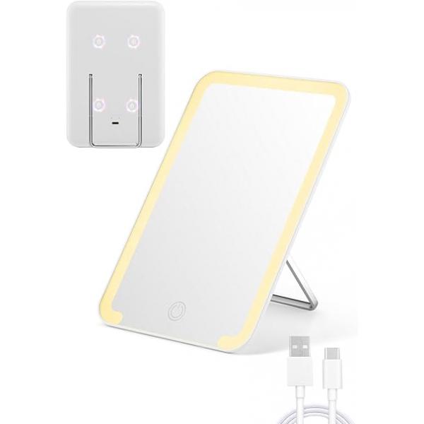 Qislee Magnetic Locker Mirror, 8 x 5 inches Travel Makeup Mirror with Light and Foldable Stand, 3 Color Modes Touch Dimming, Perfect Accessory, White