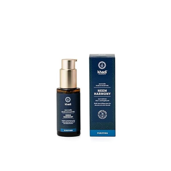 KHADI NEEM HARMONY hair oil is effective against irritation & moisturizes dry scalps. 100% natural, herbal vegan, silicone-free paraben-free. Ayurvedic care, organic natural beauty 1.69oz