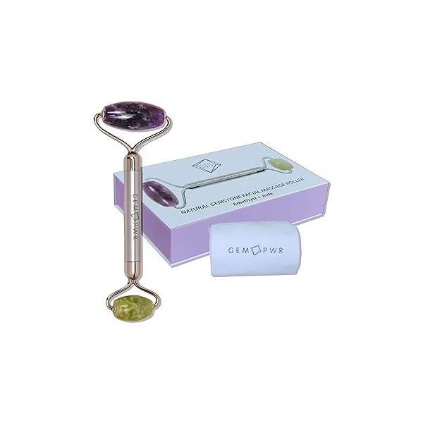 Rose Quartz + Jade Roller for Face and Neck Massage, Dual Gemstones with Durable Steel Handle Travel Bag. Minimize Wrinkles, Reduce Puffiness Restore Skin's Elasticity Radiance