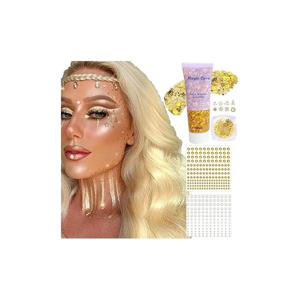 Glitter Gel with Face Rhinestones Christmas Sequin, Body Sequins Shimmer Liquid Eyeshadow, Chunky for Hair Nails, Gold Sparkling Party Makeup Women