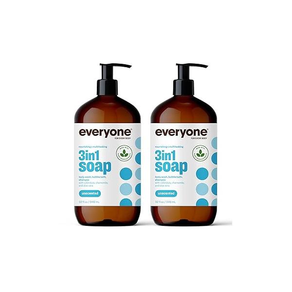Everyone 3-in-1 Soap, Body Wash, Bubble Bath, Shampoo, 32 Ounce (Pack of 2), Unscented, Coconut Cleanser with Plant Extracts and Pure Essential Oils