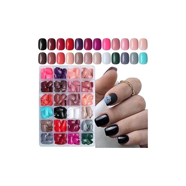 LoveOurHome 576pc Medium Press on Nails Almond Fake Full Cover Acrylic ons Nail Short Stiletto Glue Artificial Fingernail Tips 24 Colors for Women Girls Kids