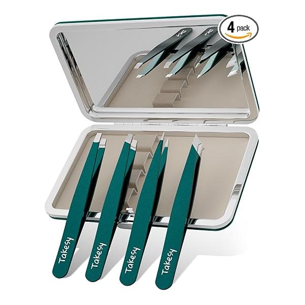 Upgraded Sharp Precision Tweezers for Facial Hair & Chin Hair, Slanted Design Women Men Eyebrow Plucker, Great with Travel Mirror Case (Green)