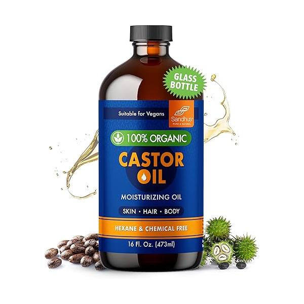 Sandhu's 100% Organic Castor Oil 16 Fl Oz | Premium Glass Bottle Pack Pure, Unrefined & Hexane free Natural Moisturizing for All Hair Skin Types, Face, Eyelashes Growth, Eyebrows Body Care