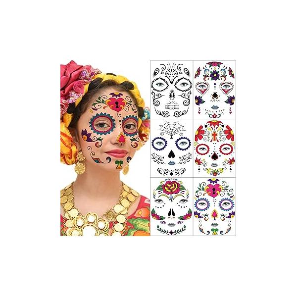 Day of The Dead Temporary Face Tattoos,6 Sheets Halloween Sugar Skull Stickers for Women Men Adults Black Skeleton Glitter Mexican Masquerade and Parties Decor Supplies