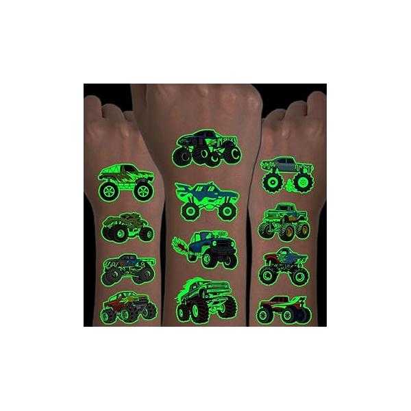 Luminous Monster Truck Temporary Tattoos for Kids - 12 Sheets Glow in the Dark Birthday Decorations