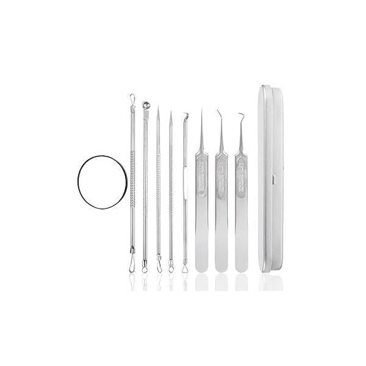 8 Pieces Stainless Steel Acne Needle Blackhead Removal Cleaning Tweezers Pimple Popper Tool Kit with a Iron Box Comedones Extractor for Blemish Whitehead Fatty Particle