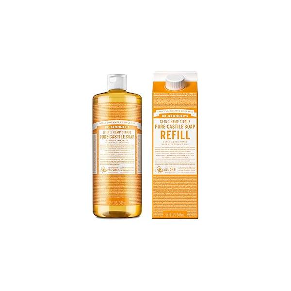 Dr. Bronner's Pure-Castile Magic Soap Liquid, Citrus, Made with Organic Oils for Body, Face, Hair, Dishes, Laundry Vegan, Natural, Non-GMO, Biodegradable, 18-in-1 Multi-Use - 32oz + Refill