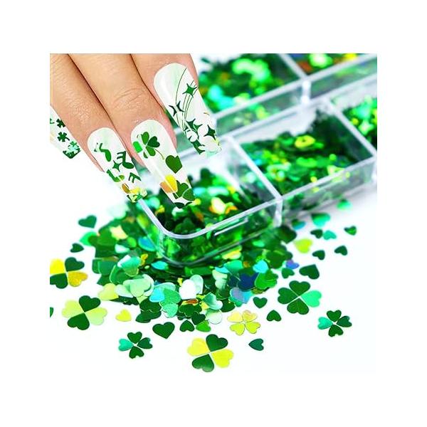 St. Patrick's Day Nail Glitter Sequins Green Clover Art Supplies 3D Holographic Lucky Shamrocks Design for Acrylic Decals Women's 6 Grids