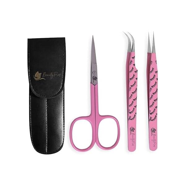 Lash Tweezers for Eyelash Extensions -Tweezer Set Straight & Curved With Eyebrows Scissor - 3 Pieces Extension Kit Stainless Steel (Pink)