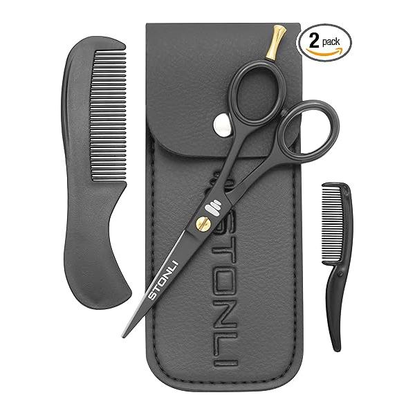 Professional 5’’Beard & Mustache Grooming Kit for Men - Precision Beard Scissors, Moustache Comb, Trimming Care Set with Leather Case (Black)