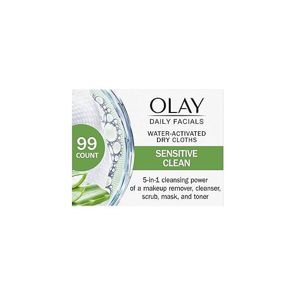 Olay Daily Facials for Clean Sensitive Skin, Makeup Remover Wipes, Soap-Free and Fragrance-Free Cleanser Cloths, 33 Count (Pack of 3)