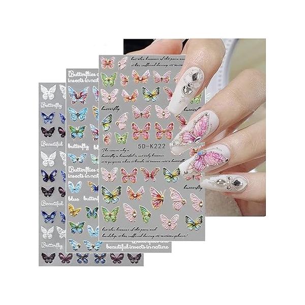 Butterfly Nail Art Stickers 5D Embossed Self Adhesive Decals Summer Design Nails Accessories for Women Acrylic DIY Manicure Decoration 3 Sheets