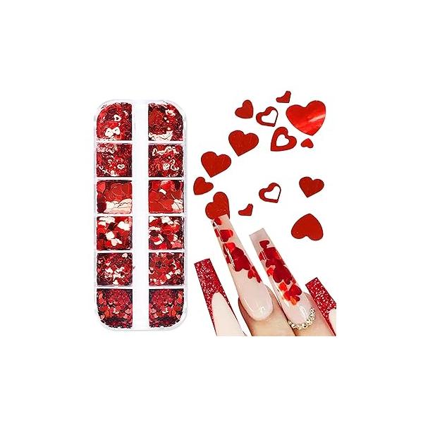 3D Heart Nail Art Stickers & Decals - Gold, Red, Black, Silver Glitter Sequins for Acrylic Nails Valentine's Day Accessories