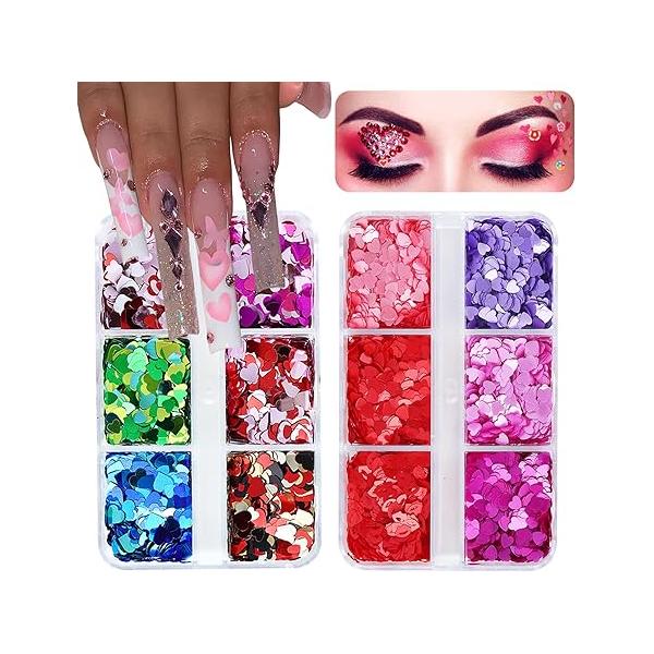 Heart Nail Sequins Valentine's Day Manicure Decoration Mix Colors Love Glitter Red Lips Art Flakes Powder Kit for Acrylic Festival Nails Decorations DIY Sparkly False Crafts