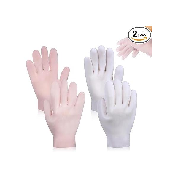 RONRONS White and Pink Moisturizing Gloves for Dry Hands Overnight, Silicone Hand Moisturizer Gloves, Gel Overnight Sleeping Women Men Skin Care Reusable 2 Pairs