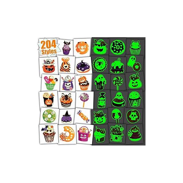 Partywind 204 Styles Glow Halloween Candy Temporary Tattoos for Kids, Luminous Sugar Tattoo Stickers Party Decorations Supplies, Non-Candy Treats Kids Trick or Treat