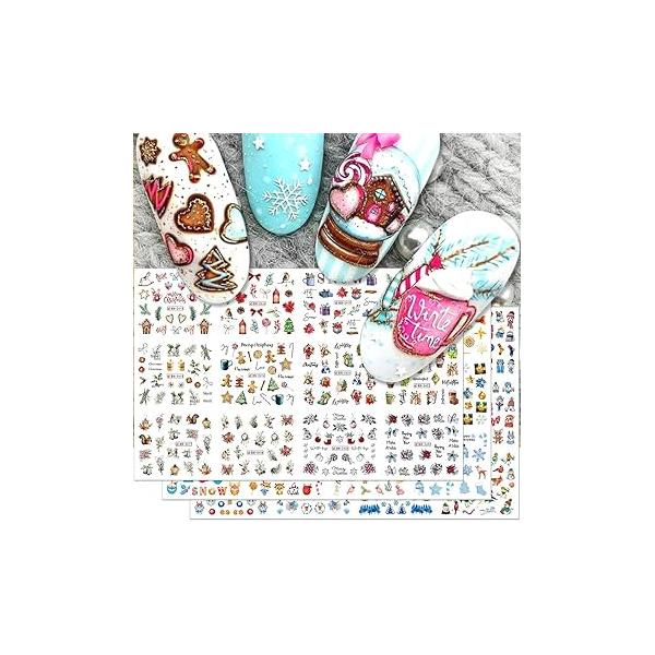Dornail 3 Sheets Christmas Nail Stickers Winter Decals Cartoon Elk Penguin Snowman Snowflake Art 3D Water Transfer for Women Accessories Supplies