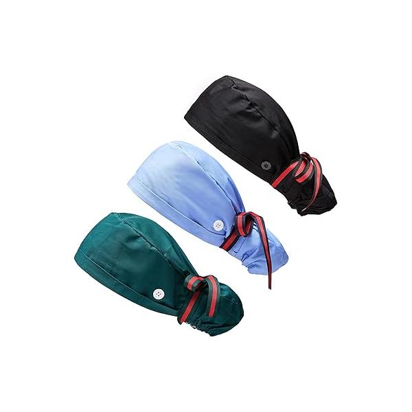 Surgery Cap Bouffant Caps Working with Buttons and Ribbon Tie for Women, Long Hair