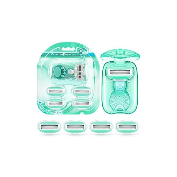 DreamGenius Travel Razors for Women Include 1 Handle and 5 Cartridges, Extra Smooth 5-Blade Essentials Razor with Case Shaving, Orange