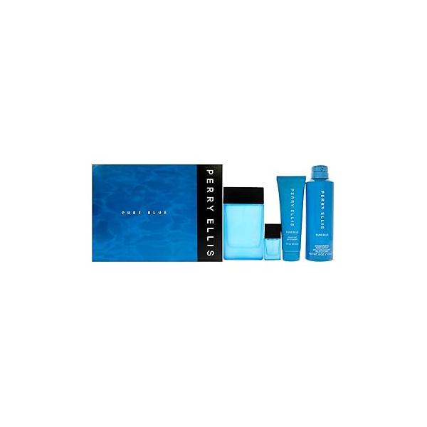 Perry Ellis Pure Blue 3.4oz EDT Spray, 3oz Shower Gel, 6oz Deodorant Body 7.5ml Travel Spray Men 4 Pc Gift Set