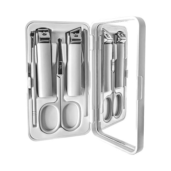 Sun&Beam Nails Nail Clippers Glass File Scissors Mirror Ear Pick 6-Pcs Set Care for Hands and Feet Anti-Splash Anti-Slip Portable with Storage Box White