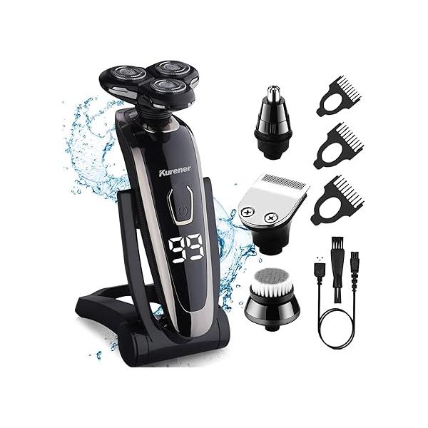 Electric Razor for Men Shaver Rechargeable Waterproof Rotary Shaving with Nose Trimmer Sideburns Face Cleaning Brush