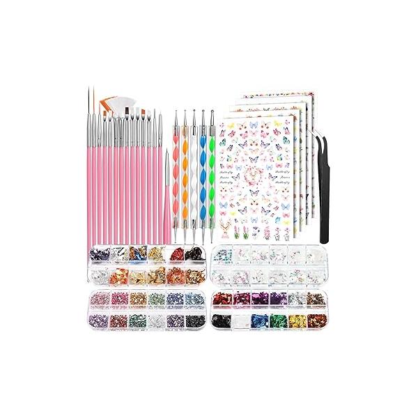 FANDAMEI Nail Art Brushes Set, Kit, Design Dotting Pens, Stickers, Butterfly Sequins, Foils, Flakes Iridescent, Rhinestones For Nails