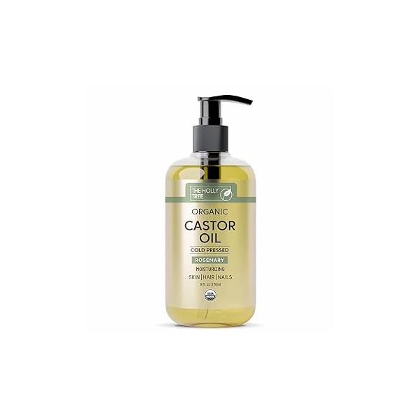 Organic Castor Oil 9 fl oz - Rosemary Infused Cold Pressed 100% Pure & Hexane Free for Hair Growth Moisturizing Nourishing Face Body The Holly Tree