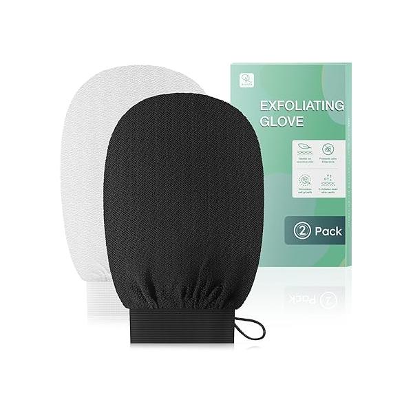 RIUOTA Exfoliating Glove Mitt Body Scrubber (2 Pack) - Deeply Exfoliate and Renew Skin Terrific for Shower Removes Dead Skin, Spray Tan, Keratosis Pilaris Made of Viscose Fiber, Black White