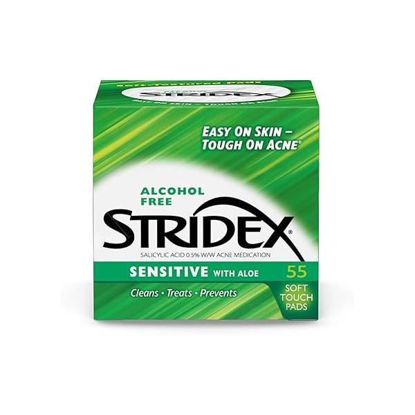 Stridex Medicated Acne Pads, Sensitive, 55 Count - Facial Cleansing Wipes, Alcohol Free Face Treatment, For Mild to Moderate, Smooth Application