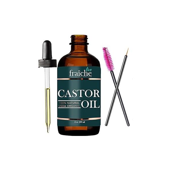 Organic Castor Oil (2oz) + FREE Lash Mascara Kit - USDA Approved Pure Cold Pressed Natural Hair & Eyebrow Growth Treatment Live Fraiche
