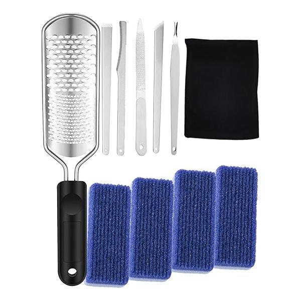 Professional Foot File Callus Remover with 5 Scrubbers and Pedicure Tool (Stainless Steel E)