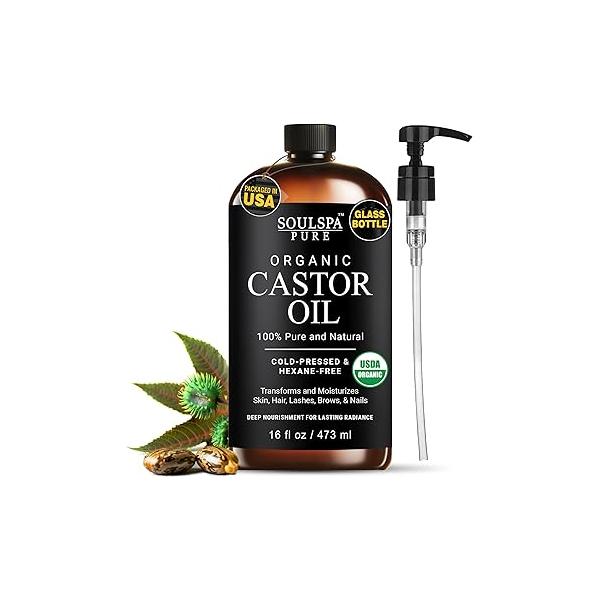 Organic Castor Oil for Hair, Scalp, Skin, Face & Eyelashes | USDA Certified 100% Pure Cold Pressed Unrefined Glass Bottle, Hexane Free - Soulspa 16 fl oz