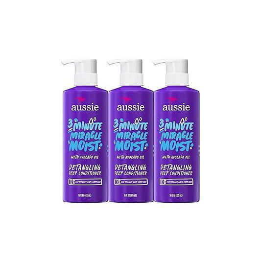 Aussie 3 Minute Miracle Moist Deep Conditioner for Dry Hair, Avocado & Jojoba Oil, Safe Color Treated Nourishing Hydration, Silky Shine, Paraben-Free, 16 Fl Oz Each, Triple Pack