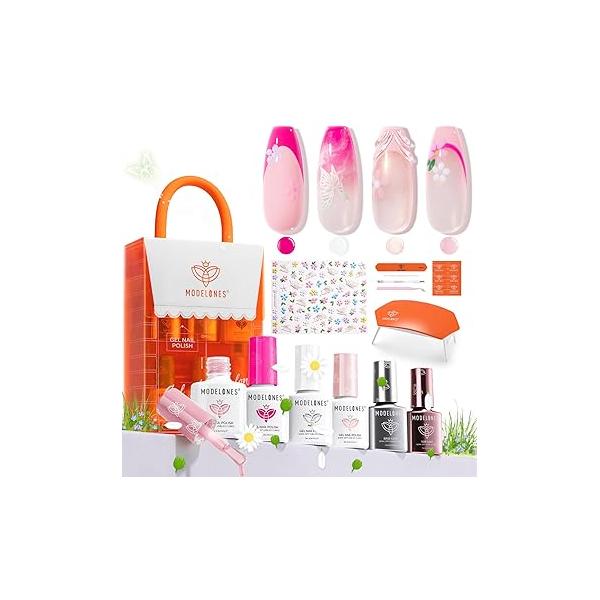 modelones Gel Nail Polish Kit with U V Light, 4 Colors Mini Salon, Base&Top Coat and Stickers, Milky White Nude Pink Glitter Fall Manicure Set, DIY Home Art Decoration Kit, Gift for Women