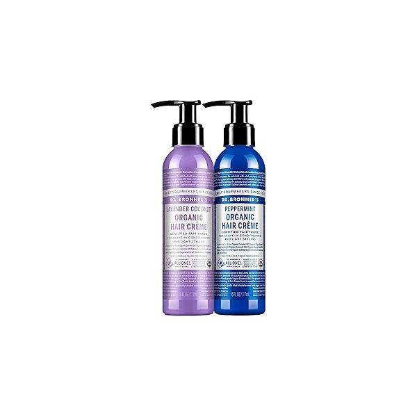 Dr. Bronner’s Organic Hair Crème Leave-In Conditioner Styling Cream Anti Frizz Product for Women & Men USDA Organic, Cruelty Free, Lavender Coconut Peppermint - 6oz 2 Pack