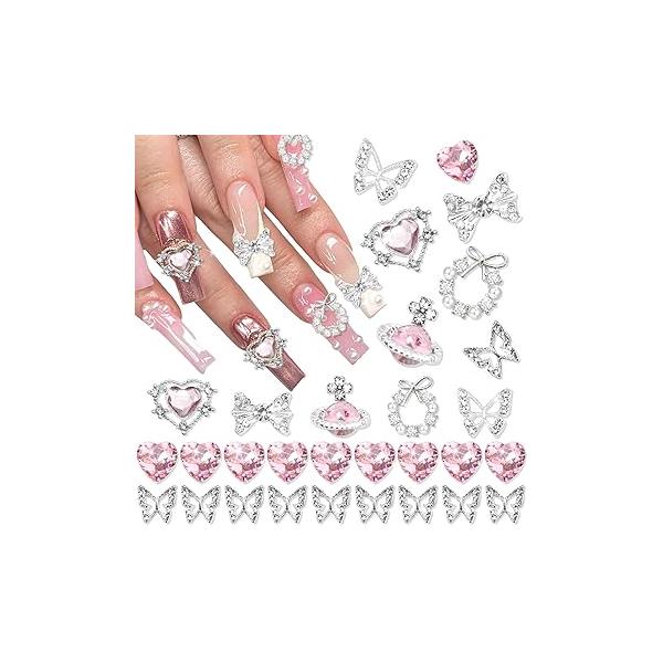 RODAKY 1000PCS Flower Nail Charms Silver Butterfly Art Jewelry Pink 3D for Nails Metal Butterflies Gems Resin Decoration Manicure DIY, Pink&White