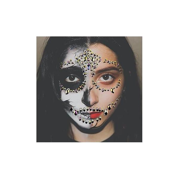 Day Of The Dead Temporary Tattoo Kit Skull Face Gems Jewels Tattoos Rhinestones For Men Women Kids Halloween Festival Rave Party Cosplay Makeup (White)