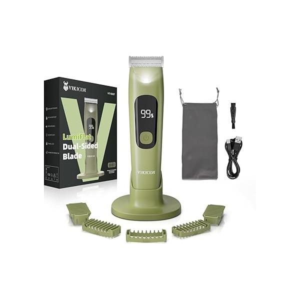 VIKICON Body Hair Trimmer for Men & Women: Safety Electric Razor Pubic, Legs, Chest, Face w/Dual-Sided Single Blade 5 Guide Combs, Waterproof Smooth Intimate Shaver, 150min Long Battery Life