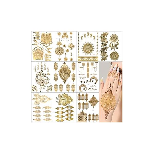 Xmasir 10 Sheets Gold Henna Tattoo Sticker Temporary Tattoos Metallic Waterproof Glitter Stickers for Women Girl Indian Arabian Body Art Paint (Gold)