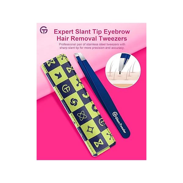 Expert Eyebrow Hair Removal Tweezer with Leather Case, GlamTweeler High Precision Slant Tip Stainless Steel Tweezers for Men and Women (Hot Pink)