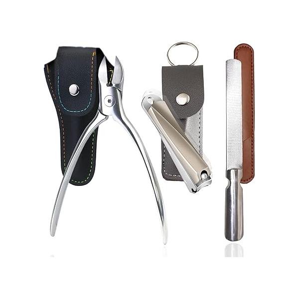 Nail Clippers Toenail Clippers, Hysotok Set 3-Pcs, Ultra Sharp Stainless Steel Toe for Thick Nails, Men Women, File Care (Silvery)