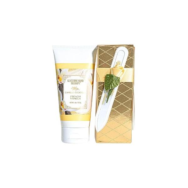Camille Beckman Romantic Manicure Gift Set, French Vanilla, Glycerine Hand Therapy 6 oz, Premium Crystal Nail File