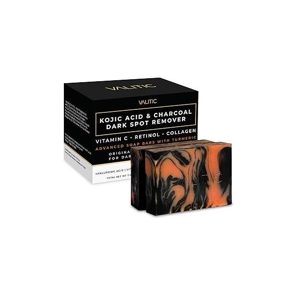 VALITIC Charcoal Kojic Acid Turmeric Black Soap Bar Dark Spot Remover for Body or Face Wash - 2 Pack