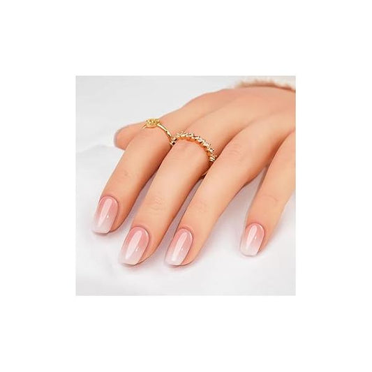 32 Pcs French Gradient Press on Nails Short Coffin Shaped Fake with Pink White Designs Glitter Acrylic Full Cover Bling Stick for Women Manicure Decoration